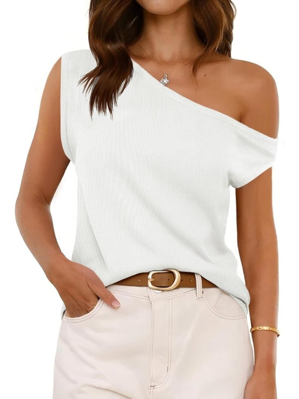 Women's White Ribbed Off One Shoulder Slouchy Short Sleeve Tee Top